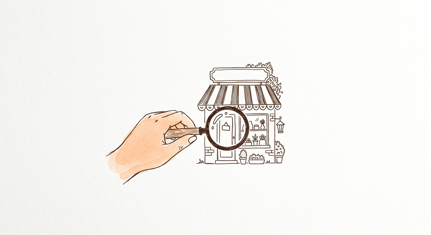 Dessin d’une main qui tient une loupe devant une petite devanture